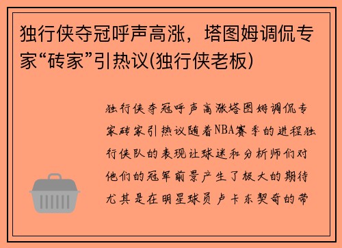 独行侠夺冠呼声高涨，塔图姆调侃专家“砖家”引热议(独行侠老板)