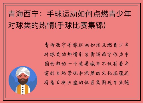 青海西宁：手球运动如何点燃青少年对球类的热情(手球比赛集锦)